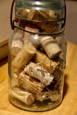 Grandma's old canning jar with wine corks that will be used in later projects.